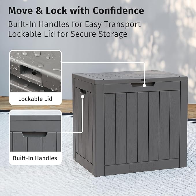 EAST OAK Outdoor Storage Box, 31 Gallon Deck Box Indoor and Outdoor Use, Waterproof Resin Storage Bin for Package Delivery, Patio Cushions, Gardening Tools, Lockable, UV Resistant, Grey EASTOAK