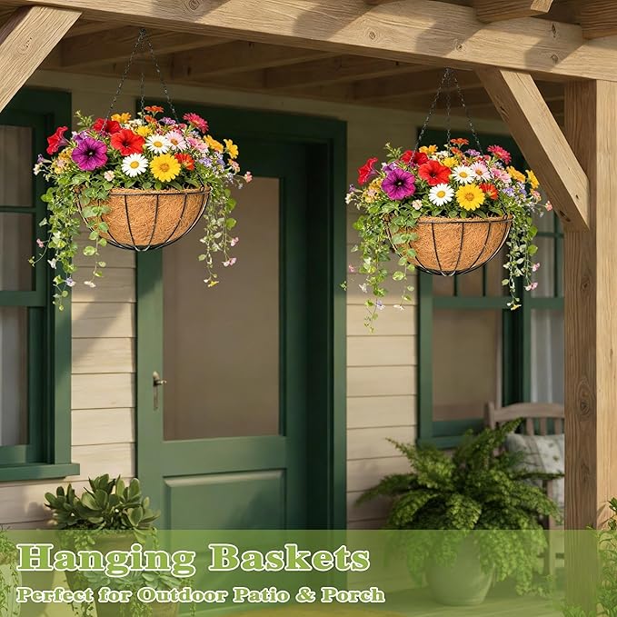 4 Pack 14 Inch Hanging Baskets for Plants Outdoor Metal Hanging Planter Hanging Flower Baskets with Coco Fiber Liners Chain Round Wire Plant Holder Hanging Flower Pots(Watermelon) Qusuxi