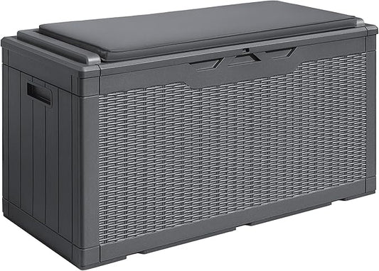 Devoko 100 Gallon Waterproof Large Resin Deck Box Outdoor Storage Box Indoor Lockable Storage Container with Cushion for Patio Furniture Garden Pool Cushions (Grey) DEVOKO