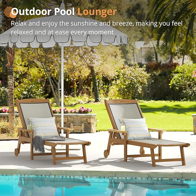 LUE BONA Chaise Lounge Chair Outdoor Set of 2, HDPS and HDPE Wicker Material, Patio Lounge Chair with Adjustable Backrest, Resin Pool Lounge Chairs with Wheels for Backyard, Poolside and Deck LUEBONA