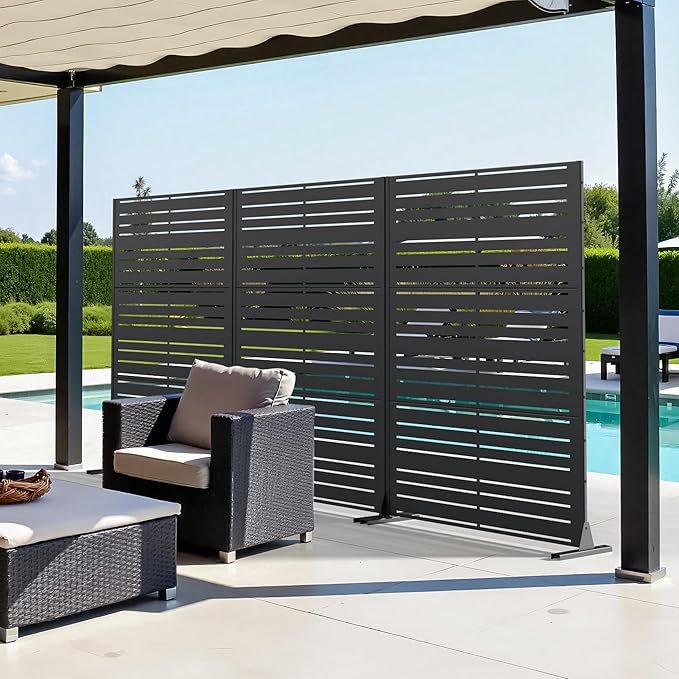 Casaphoria Metal Privacy Screen Outdoor, 72" H x 47" W Freestanding Decorative Privacy Screen for Patio Deck Balcony Garden with Stable Base, Black-Benjamin Casaphoria