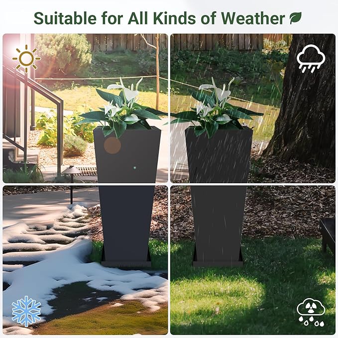 Tall Planters 30" H - 2 Pack, Tapered Pots with Drainage Insert Shelve & Trays, Metal Outdoor Planter Box for Porch, Garden, Patio, Yard (Black) Toriexon