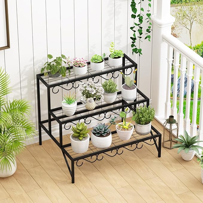 3 Tier Metal Plant Stand Outdoor Indoor, Heavy Duty Flower Pot Holder Display Shelf,Multifunctional storage rack for Patio Garden Livingroom Bedroom,Black Garden4you