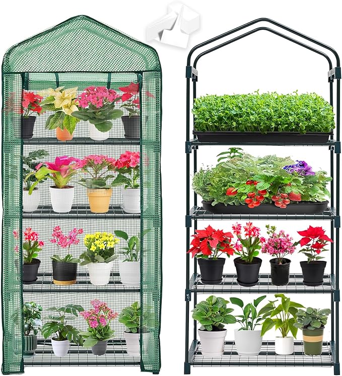 Mini Greenhouse for Indoor Outdoor,Plant Green House 4-Tier Rack Stand Portable Greenhouses with Durable PE Cover for Seedling, 2.5x1.6x5.2 FT Ideal Gardening Gifts for Women Men(PLGH704G) Purlyugreenhouse
