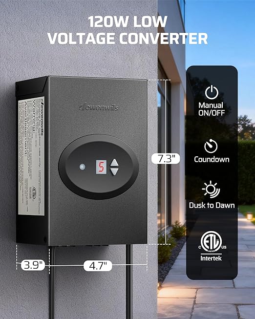 DEWENWILS 120W Low Voltage Landscape Transformer, Outdoor Transformer with Timer and Photocell Sensor, 120V AC to 12V AC, Weatherproof, for LED Lighting, Spotlight, Pathway Light, ETL Listed DEWENWILS