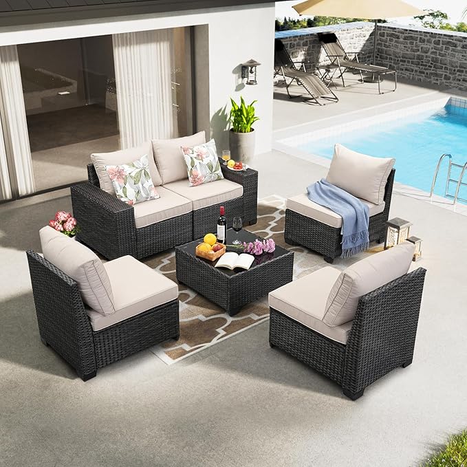 6 Pieces Patio Furniture Set All-Weather Outdoor Wicker Sectional Conversation Sofa Rattan Patio Seating Sofa with Cushion and Glass Table for Porch Poolside,Beige JOYURE