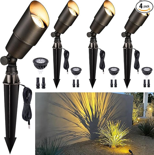 Gardenreet Brass Landscape Lighting - Outdoor Low Voltage Spotlights LED, 12V Wired Uplights, Waterproof Spot Lights, Antique Bronze for Outside Trees with 5W 2700K Warm White MR16 Bulb (4 Pack) Gardenreet