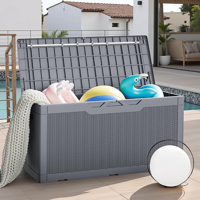 JUMMICO 100 Gallon Resin Deck Box, Waterproof Outdoor Storage Box with Lockable Lid for Garden Tools, Patio Cushions (Gray) JUMMICO