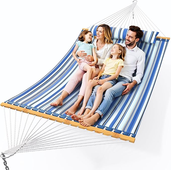 Double Hammock with Spreader Bar,Soft Pillow,Max Load 500lbs,Portable Hammock for Outdoor,Camping,and Backyard,Blue Rootora