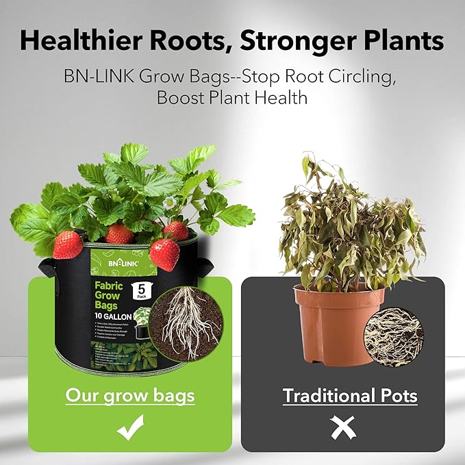 BN-LINK 5-Pack 10 Gallon Grow Bags, Heavy Duty Aeration Fabric Pots with Handles, Thickened Nonwoven Plant Bags for Vegetables, Flowers, Fruits BN-LINK