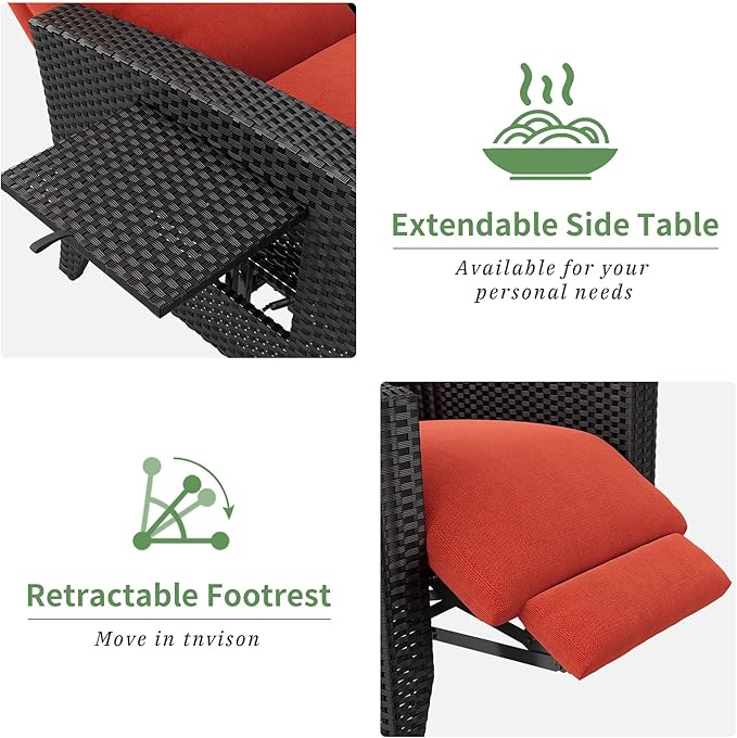 IDEALHOUSE Wicker Outdoor Recliner Reclining Patio Chairs with Adjustable Back & Footrest 150° Lay-Flat Reclining with Air Pump Rattan Flip-Up Side Table Outdoor Lounge Chairs for Pool Deck Balcony IDEALHOUSE