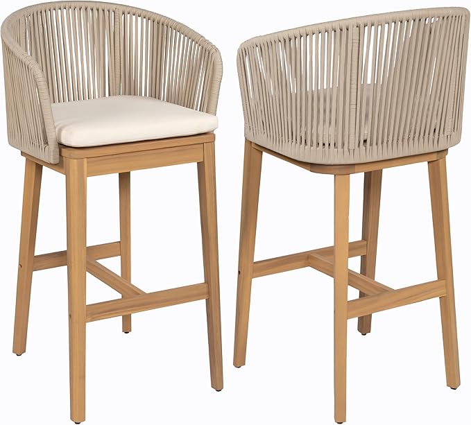 Christopher Knight Home Zax Set of 2 Patio Barstool, Acacia Wood & Rope Outdoor Counter Stool with Backrest/Footrest, Barstool Chairs with Cushion Seating for Backyard Balcony Garden, Beige + Teak ChristopherKnightHome