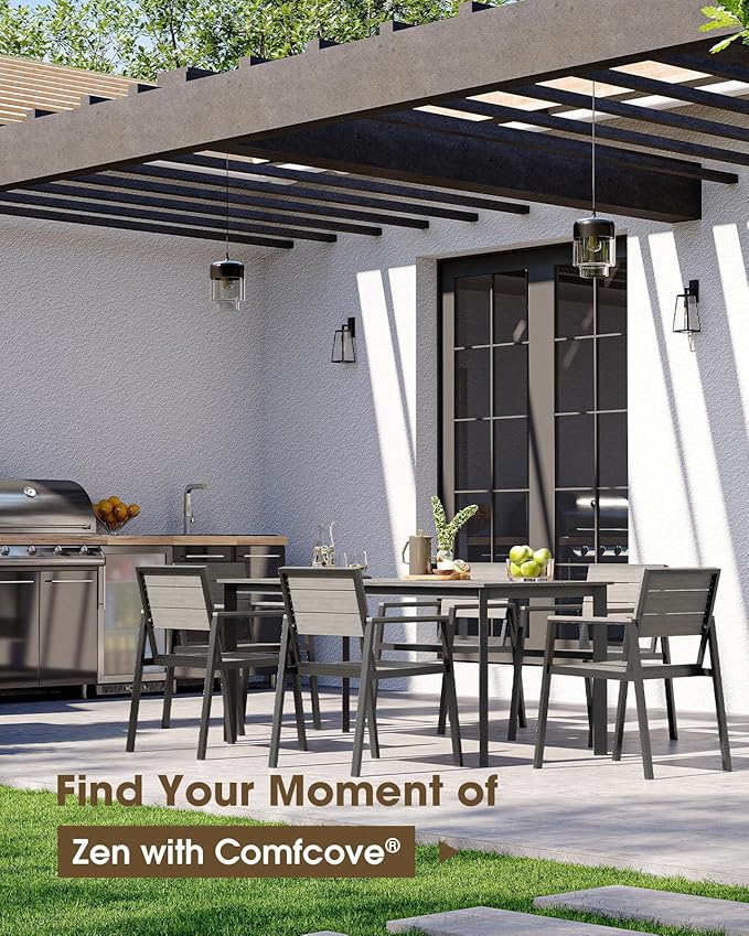 Outdoor Patio Dining Table, HDPS & Aluminum Outdoor Table with Umbrella Hole, All-Weather for Deck, Garden, Lawn, Backyard, Poolside (Classic Gray) ComfCove