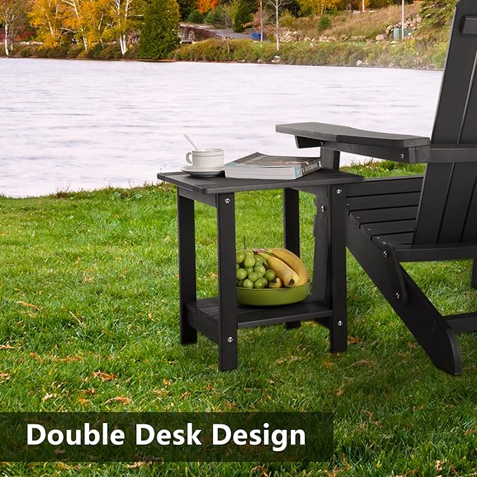 Double Adirondack Side Table Weather Resistant, Outdoor Rectangular End Table for Adirondack Chair, Black with Wood Grain Meluvici