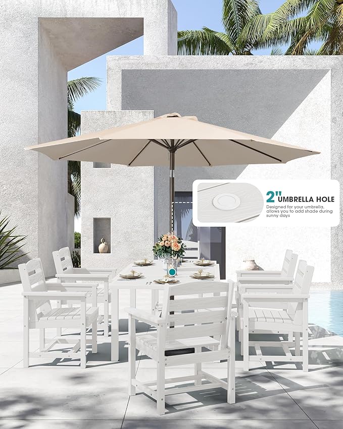SERWALL 9-Piece Outdoor Dining Set, 60" - 83" Expandable Outdoor Dining Table and 8 HDPE Chairs, All Weather HDPE Outdoor Furniture Set for Backyard, Garden, White SERWALL