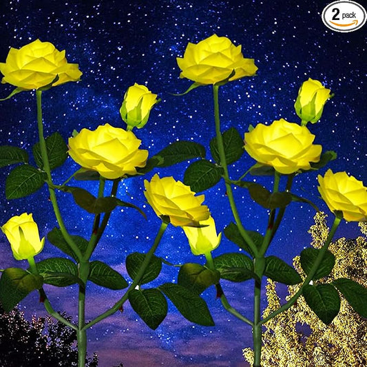 GONIMY Outdoor Realistic Solar Powered Rose Flower Lights Stake,2 Pack 10 Rose Solar Garden Decorative Waterproof Lights for Backyard Patio Pathway Xmas Decoration-Yellow GONIMY