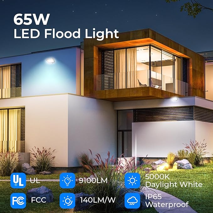 CINOTON 65W LED Flood Lights Outdoor, IP65 Waterproof Exterior Security Wall Lights with 180°Knuckle, 9100LM 120V Outside Aluminum Lighting Fixture for Patio Porch Barn Garden 5000K 2 Pack, UL Listed CINOTON