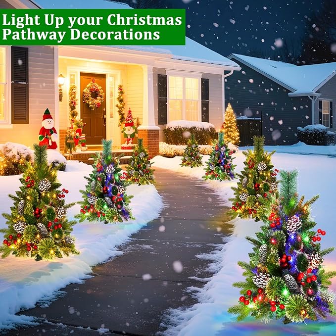 2 Pack Outdoor Christmas Tree Urn Fillers with 8 Modes Timer, 40 Warm & Colorful Change Lights, Pinecones Red Berries Decorations, Battery Operated for Holiday Planters Yard Porch Pathway Xmas Decor Grandeal