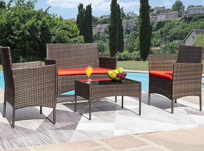 Greesum Patio Furniture 4 Pieces Conversation Sets Outdoor Wicker Rattan Chairs Garden Backyard Balcony Porch Poolside loveseat with Soft Cushion and Glass Table, Brown and Red BuynowfromGreesum