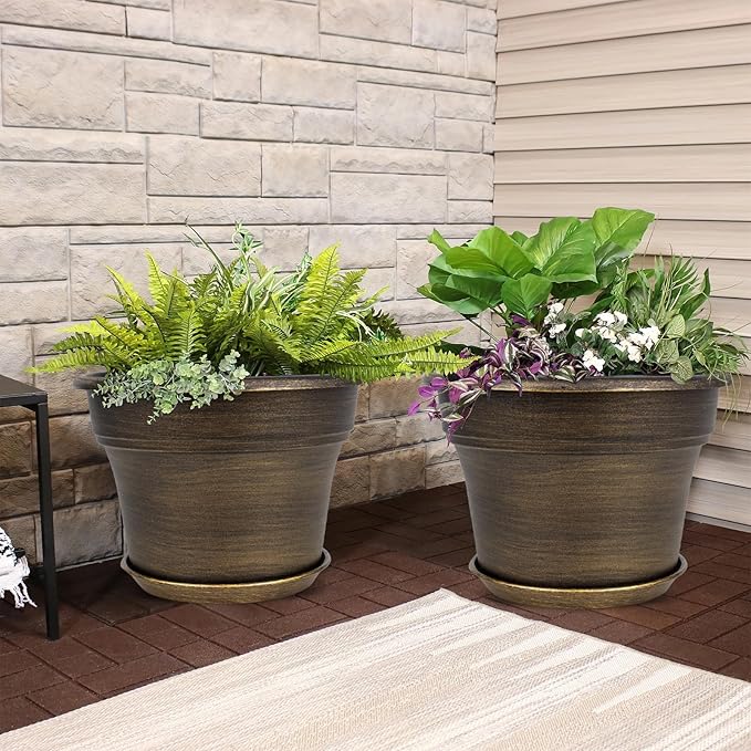 Plant Planters Pots Set of 6 Pack 6 Inch, Plastic Flower Pot For Indoor Plants With Drainage Holes & Trays, Resin Decorative Container Sets With Saucer For House Outdoor Garden Planters Dark Gold Fodetyff