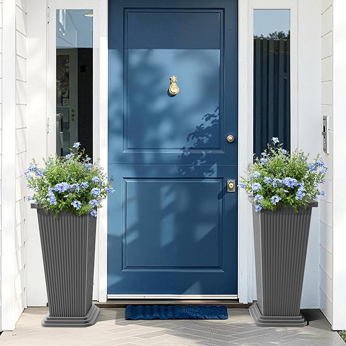 FENCY Set of 2 Tall Planters for Outdoor Plants, 24 Inch Large Tapered Pots with Drainage Trays, Weather-Resistant Plastic Plant Containers for Patio, Porch, Garden, Front Door Decor,Gray,Striped FENCY