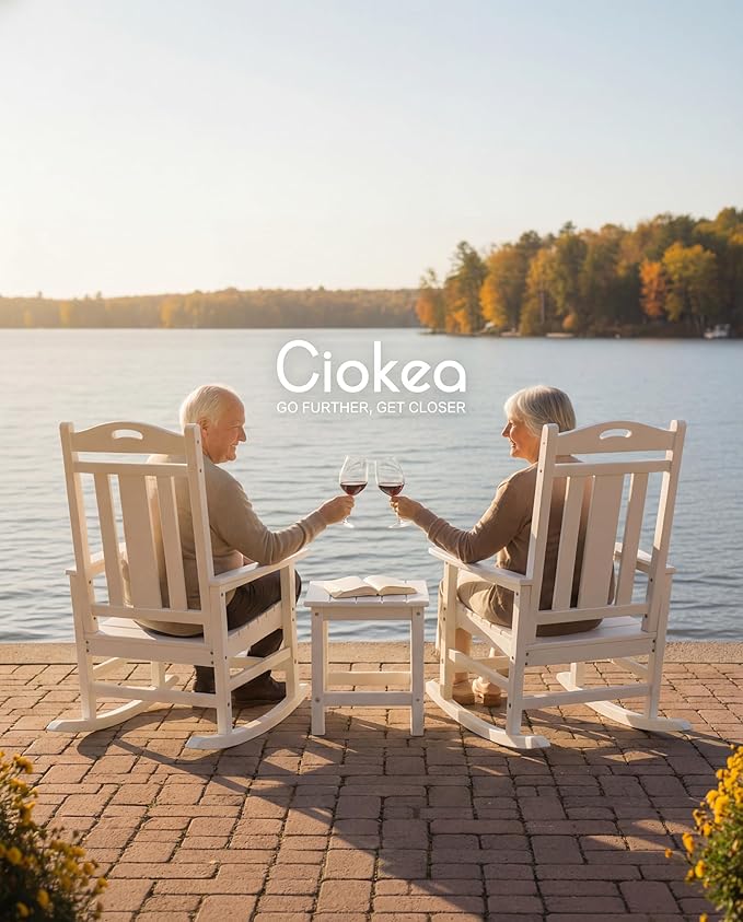 Ciokea Oversized Outdoor Rocking Chairs Set of 4, 380lbs Heavy-Duty Large Patio Rocker, High Back Cozy Porch Chairs, Weather Resistant Patio Rocking Chairs for Outside, Fire Pit, Deck, White CIOKEA