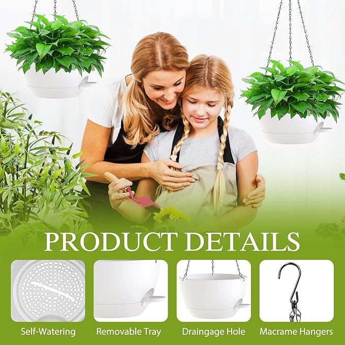 12 Inch Hanging Baskets 2 PC with Chains, Self-Watering Hanging Planters for Indoor Outdoor Plants, Plastic Hanging Flower Pots,White SQKH