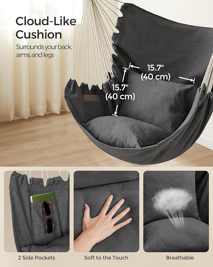 SONGMICS Hammock Chair, Load Capacity 500 lb, Hanging Chair with 2 Cushions, Large Hammock Swing with Chain and Pocket, for Indoor, Outdoor, Living Room, Bedroom, Slate Gray UGDC197G02 SONGMICSbySONGMICSHOME