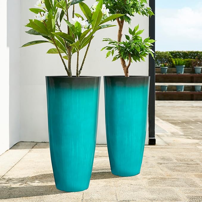 Glitzhome 30" H Tall Outdoor Planter, Set of 2 Large Tall Planters with Gradient Turquoise Faux Ceramic Finish, Plastic Large Flower Pots for Porch Garden Indoor All Season Decor,with Drainage Holes Glitzhome