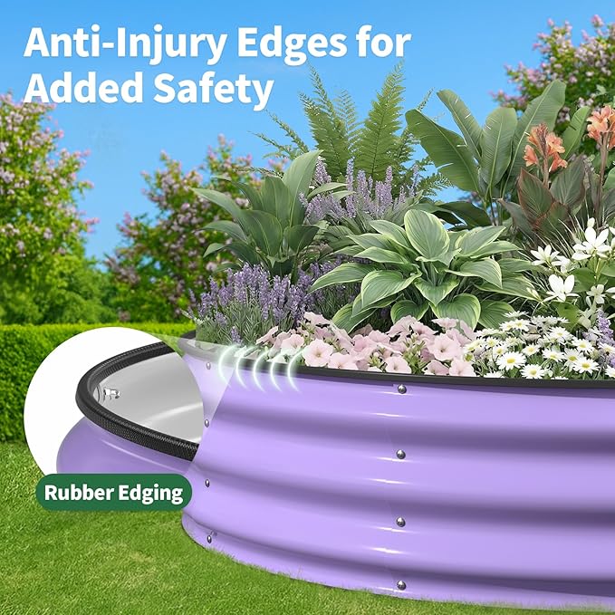 Kesfitt Round Raised Garden Bed, 4x4x1 FT Galvanized Steel Metal Garden Bed, Open-Bottom Design, 12-Inch Deep Outdoor Raised Garden Bed for Vegetables & Herbs, Lavender Purple Kesfitt