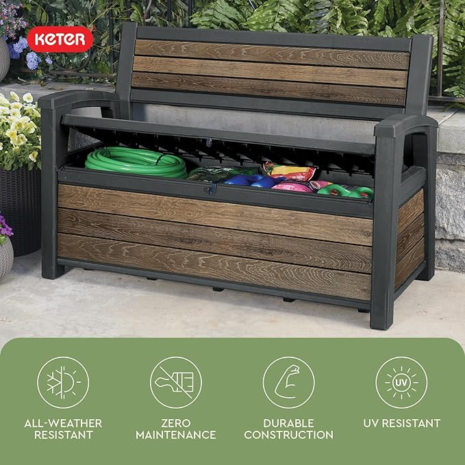 Keter Signature 60 Gallon Storage Bench Deck Box for Patio Furniture, Front Porch Decor and Outdoor Seating – Perfect to Store Garden Tools, Walnut Keter