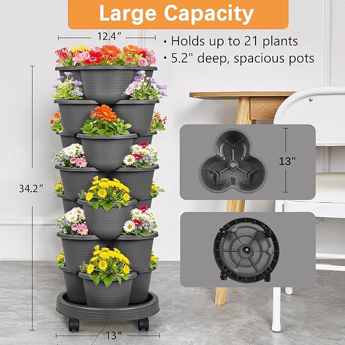 VECELO 7 Tier Vertical Garden Planter, Self Watering Stackable Planters with Wheels for Strawberries, Herbs, Flowers, Vegetables, Dark Gray VECELO
