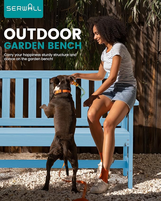 SERWALL Outdoor Bench, HDPE Outdoor Benches Weatherproof, 2-Person Garden Bench with 660 lbs Weight Capacity, Patio Benches for Outdoors, Garden, Porch, Backyard and Park, Light Blue, 4 Pack SERWALL