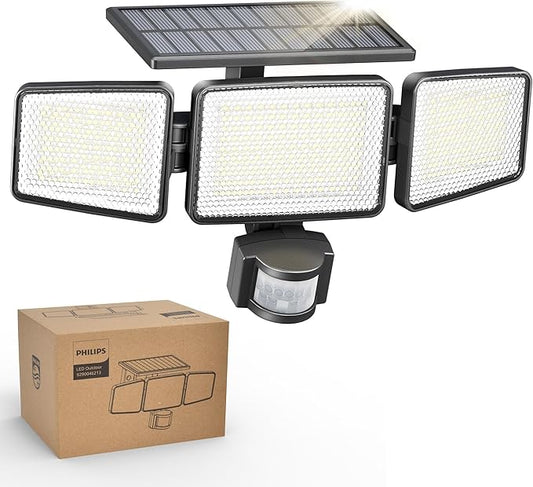 Philips Solar Security Light Outdoor Light 302 LEDs 1200lm，Solar-Powered Waterproof Wall-Mounted Flood Light w/PIR Motion Sensor, 3 Heads, IP65 Waterproof, 3 Modes (1 Pack) PhilipsLightingLED