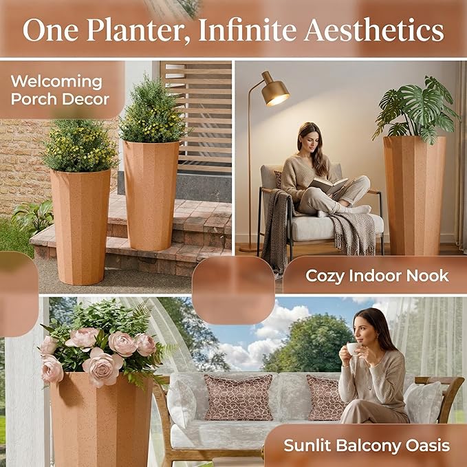 23.6" H Tall Planters for Outdoor Plants, 2 Pack Large Outdoor Planters for Porch Decor with Automatic Drainage Hole, Plastic Stripe Design Flower Pots Fits Indoor Plants Patio Garden, Black Outdoorchairs