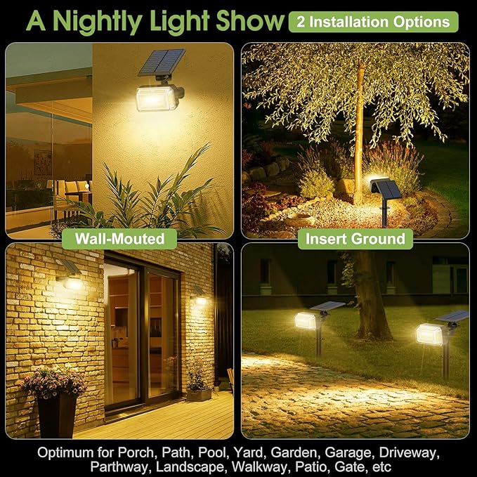 Solar Spot Lights Outdoor, 102 LED Solar Garden Yard Spotlight Waterproof Landscape Flood Powered Lights with Adjustable Light & Panel, 4 Lighting Modes for Pathway Driveway, 4 Pack(Warm White) WENATY
