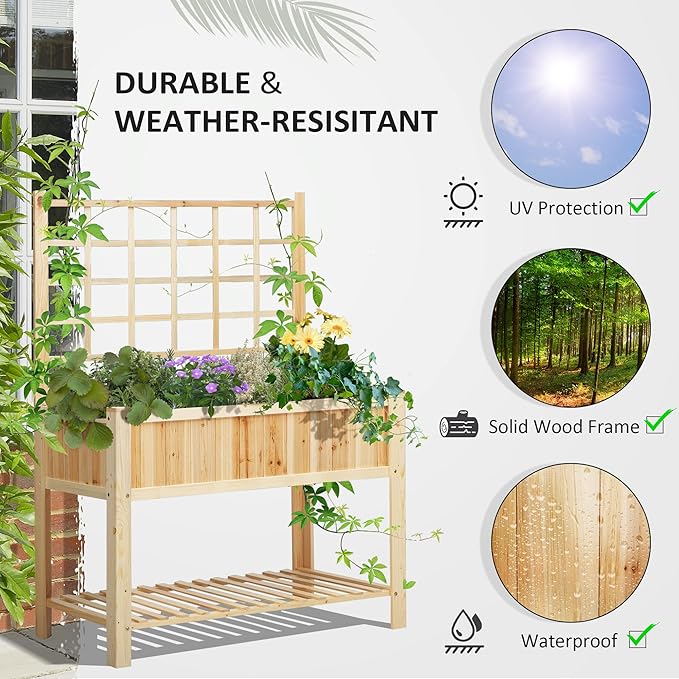 Outsunny 47'' Wooden Raised Garden Bed with Trellis, Coutryside Style Elevated Planter Box Stand with Open Storage Shelf, Spacious Planting Area for Vegetables, Herbs, Flowers Outsunny
