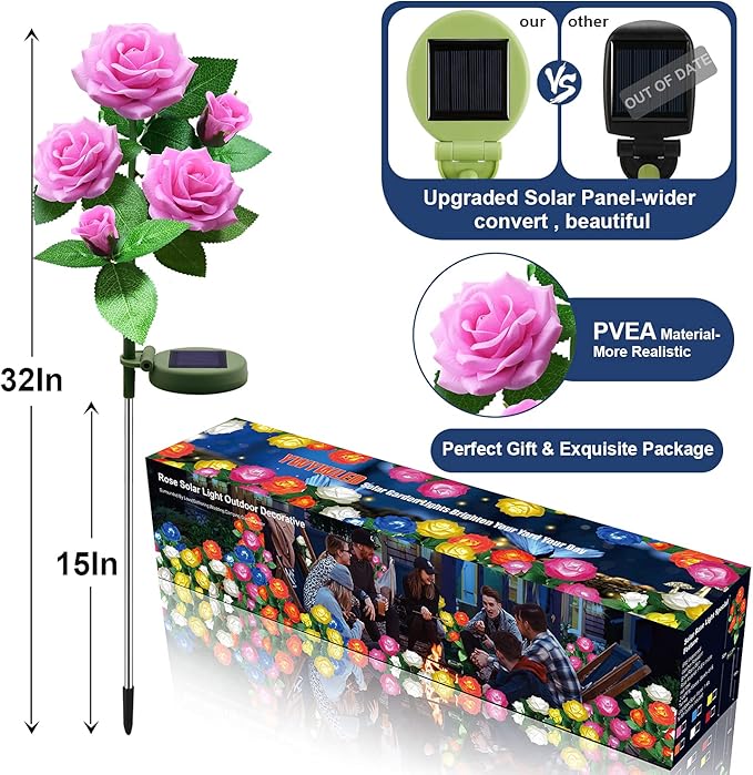 Solar Flower Lights Outdoor - Upgraded New Material Two Modes Realistic LED Solar Powered Waterproof Lights with 5 Roses, Solar Decorative Stake Lights for Garden (Pink, 1 Pack) LightYourLife