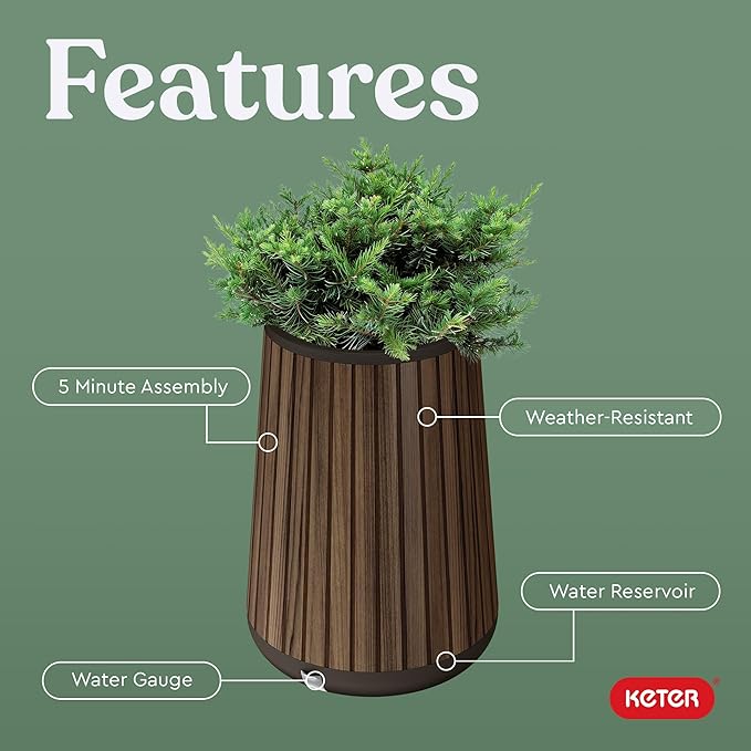 Keter Signature Conic 28.5 Inch Tall Round Large Wood Look Planter for Indoor or Outdoor Flower Pot Ideal for Patio Deck and Front Porch Decor, Rosewood Keter