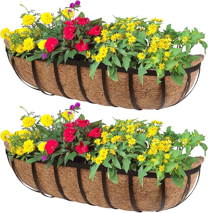 DUNCHATY Railing Planter Window Box - 2 Pack 24" Horse Trough Planter with Coco Fiber Liner - Deck Balcony Rail Planter for Porch Fence Patio Outdoor DUNCHATY