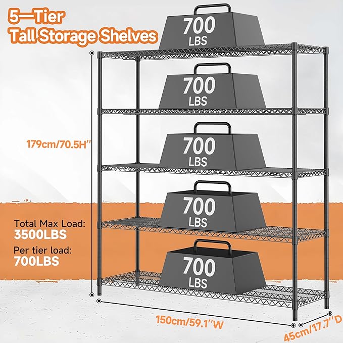 3500LBS 59" W 5 Tiers Storage Shelves, Metal Shelving Wire Metal Shelving Unit Shelves for Storage Adjustable Garage Shelving for Pantry Kitchen Garage Black 17.7" D x 59.1" W x 70.4" H MEIGAOPLASTICANDMETALHKCOLIMITED