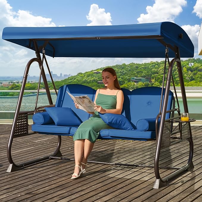 3 in 1 Outdoor Porch Swing with Adjustable Canopy, 3 Seat Outdoor Swing for Adults, Patio Swing Chair with Thickened Cushions,Pillows & Cup Holders for Backyard, Porch, Garden (Blue) YALISSEY