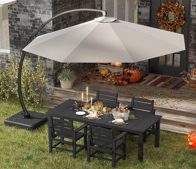 5-Piece Black Outdoor Dining Set with White 11FT Large Patio Umbrella, 75.2'' HDPE Table & Chairs for 8, Weather-Resistant Furniture with Umbrella Hole for Patio, Lawn, Poolside PatioKingdom