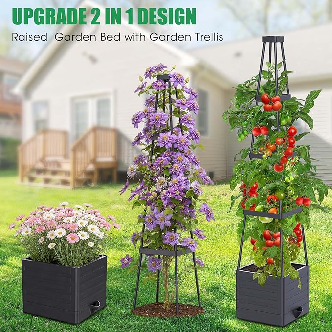 4 Pack Raised Garden Bed Planter Box with Trellis, 57" Self-Watering Tomato Cage Planters for Climbing Plants Vegetable Vine Flowers Outdoor & Indoor (57x9.8x9.8IN) MQHUAYU