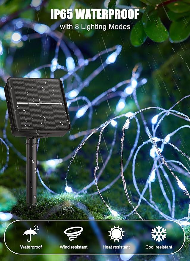 Minetom Solar String Lights for Outside, 33Ft 100 LED Outdoor Solar Fairy Lights, 8 Modes Balcony Lights for Tree Patio Christmas Party Wedding Decor (Pure White) Minetom