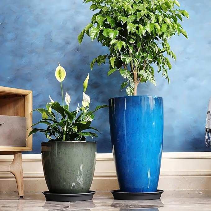 24,21,11 Inch Large Plastic Planters with Drainage Hole and Saucer - Set of 3 Tall Plant Pots Indoor Flower Pot Tall Round Planters Outdoor Large Tall Planter MinCHI257