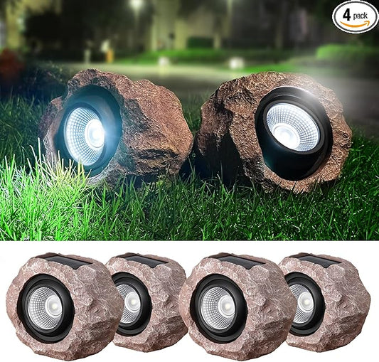 4 Pack Solar Rock Lights Outdoor, Angle Adjustable Solar Lights Outdoor Waterproof, LED Solar Garden Lights, Auto On/Off Landscape Lighting for Yard Pathway Patio Flower Bed - White Glow (Stone Brown) DGSCAK