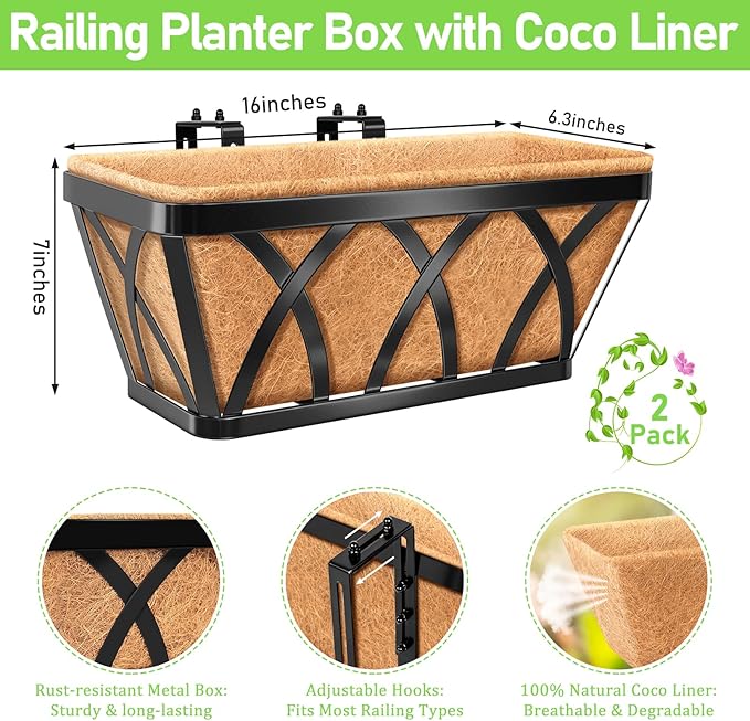 Riare 2 Pack 16 Inch Metal Railing Planter Window Box with Coco Liner- Adjustable Window Flower Boxes for Railings, Hanging Rail Planters for Deck, Balcony, Porch, Fence, Indoor Outdoor Plants Riare