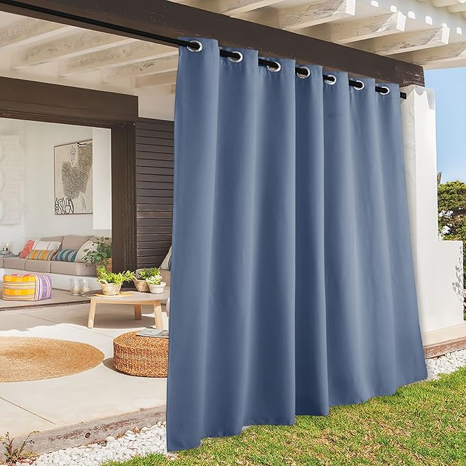 RYB HOME Extra Wide Outdoor Curtains for Patio Waterproof Heavy Duty Thermal Insulated in Summer Full Coverage Privacy for Porch, Cabana & Pergola, W100 x L95, Stone Blue, 1 Panel RYBHOME