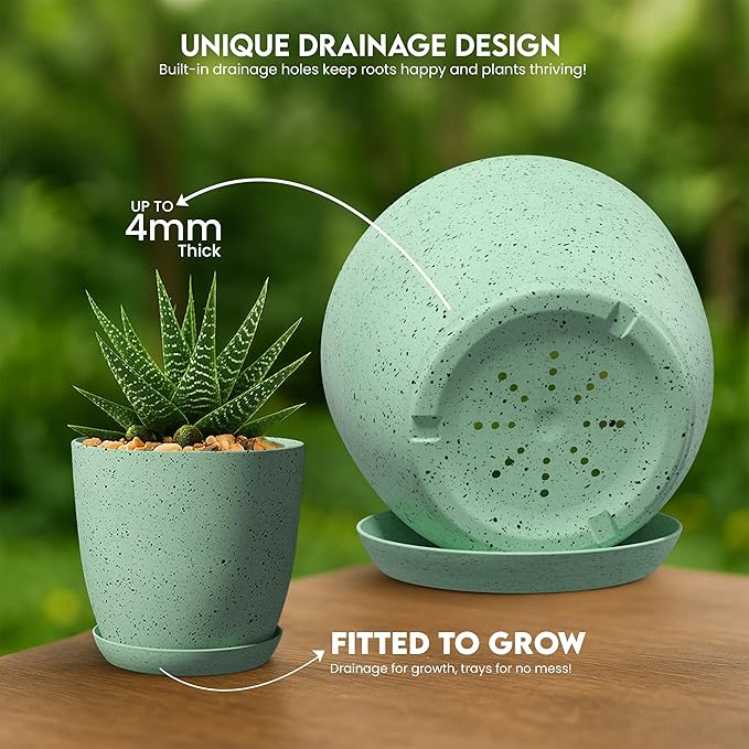 Utopia Home - Spotty Plant Pots Indoor with Drainage - 7/6.6/6/5.3/4.8 Inches Flower Pots - 5 Pack Plastic Planters - Ideal for Stocking Stuffers - (Speckled Mint, Pack of 5) UTOPIAHOME